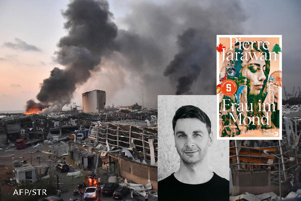 Autor Pierre Jarawan (Foto Maximilian Heinrich), Buchcover Frau im Mond, Beirut Hafen