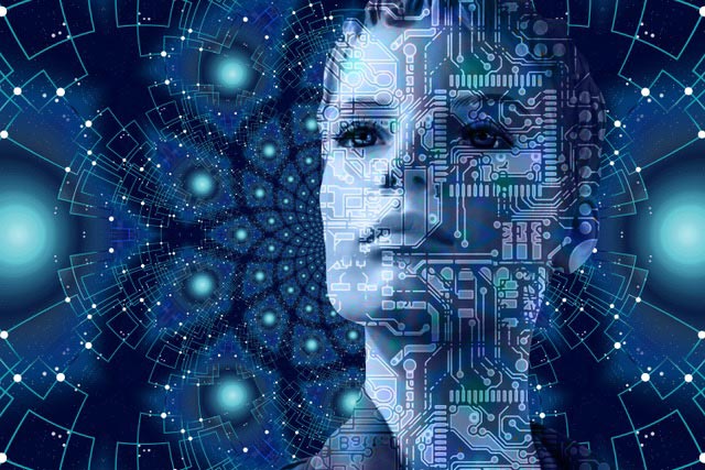 Digitale Illustration eines menschlichen Profils, überlagert mit komplexen blauen Schaltkreis-Mustern, leuchtenden Knotenpunkten und einem kosmischen Hintergrund – Symbol für künstliche Intelligenz und Technologie.